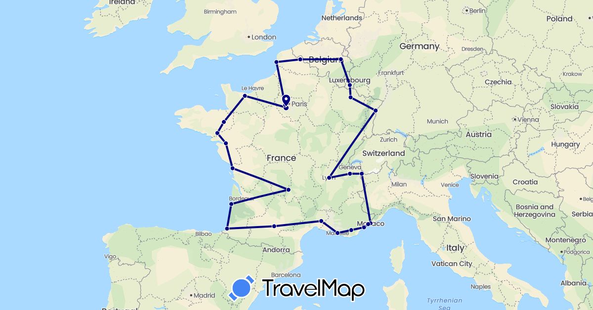 TravelMap itinerary: driving in Belgium, France, Luxembourg, Monaco (Europe)
